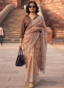 Aparajita Brown - Aks Printed Kota Cotton Chikankari Saree