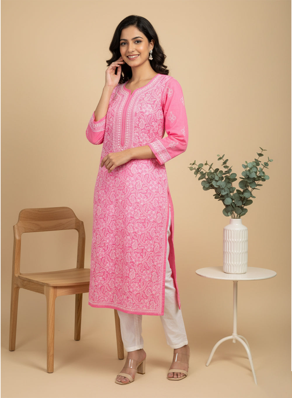 Bubblegum Pink - Bahaar Cotton Terry Voile Chikankari Kurta