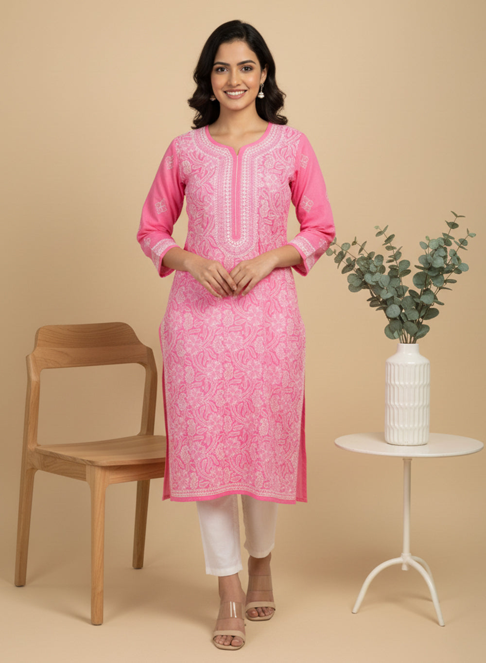 Bubblegum Pink - Bahaar Cotton Terry Voile Chikankari Kurta