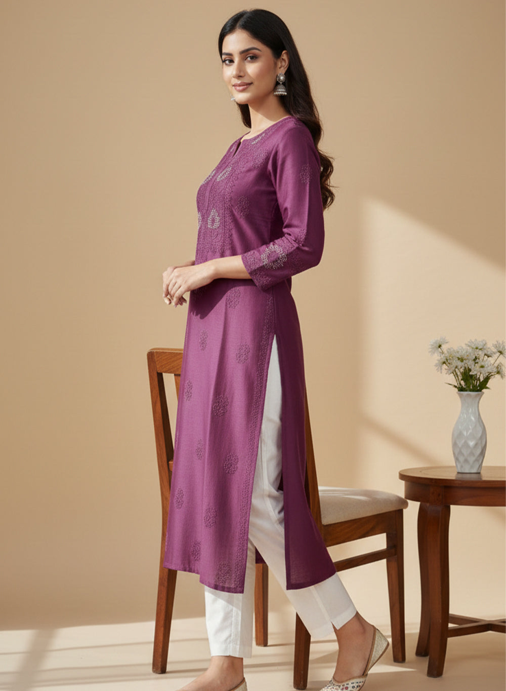Swara Burgungy - Anjuman Chanderi Cotton Chikankari Kurta