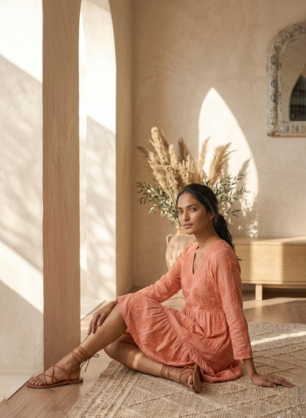 Diva Carrot Red A-Line Muslin Chikankari Dress