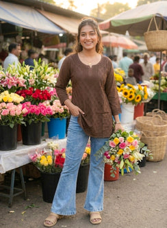 Coffee - Gulshan Muslin Shadow Work Chikankari Short Top