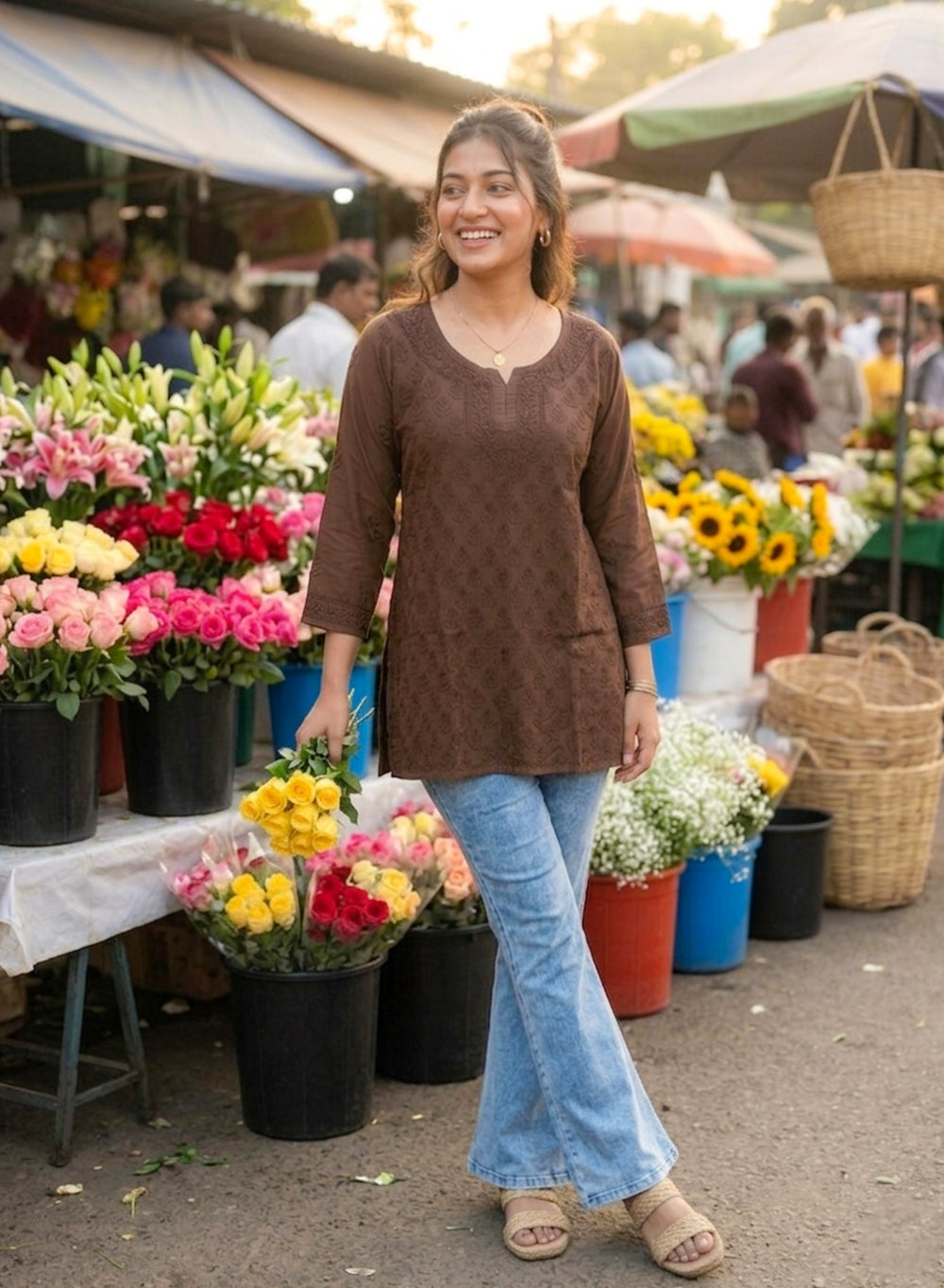 Coffee - Gulshan Muslin Shadow Work Chikankari Short Top