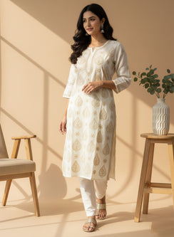 Cream & Beige - Bahaar Cotton Terry Voile Chikankari Kurta