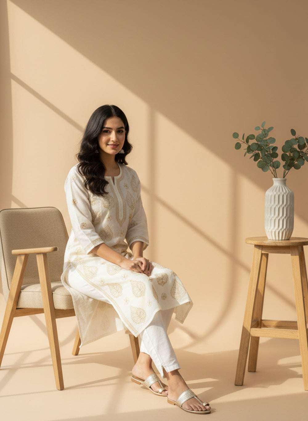 Cream & Beige - Bahaar Cotton Terry Voile Chikankari Kurta