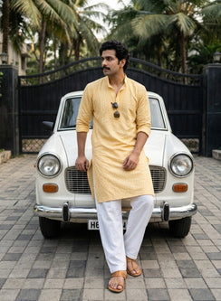 Custard Yellow - Nawab Checkered Full Jaal Cotton Chikankari Kurta