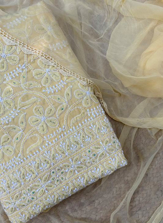 Custard Yellow Katdana - Nayaab Cotton Terry Voile Full Fabric