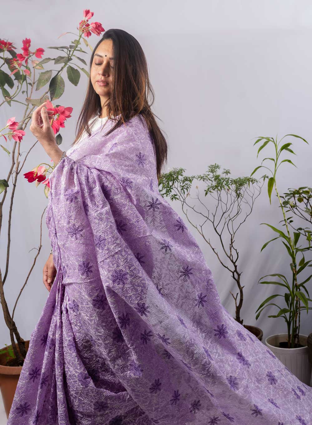 Guncha Lavender - Dual Thread Aks Cotton Tepchi Chikankari Saree