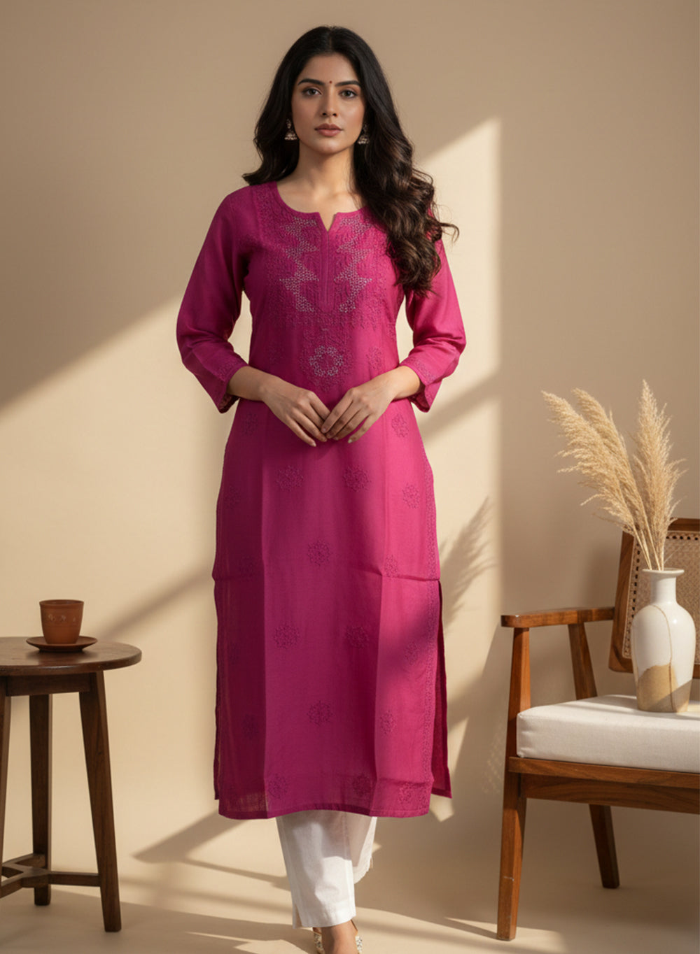 Swara Dark Pink - Anjuman Chanderi Cotton Chikankari Kurta