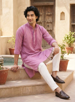 Dark Pink - Nawab Polo Cotton Men Chikankari Long Kurta
