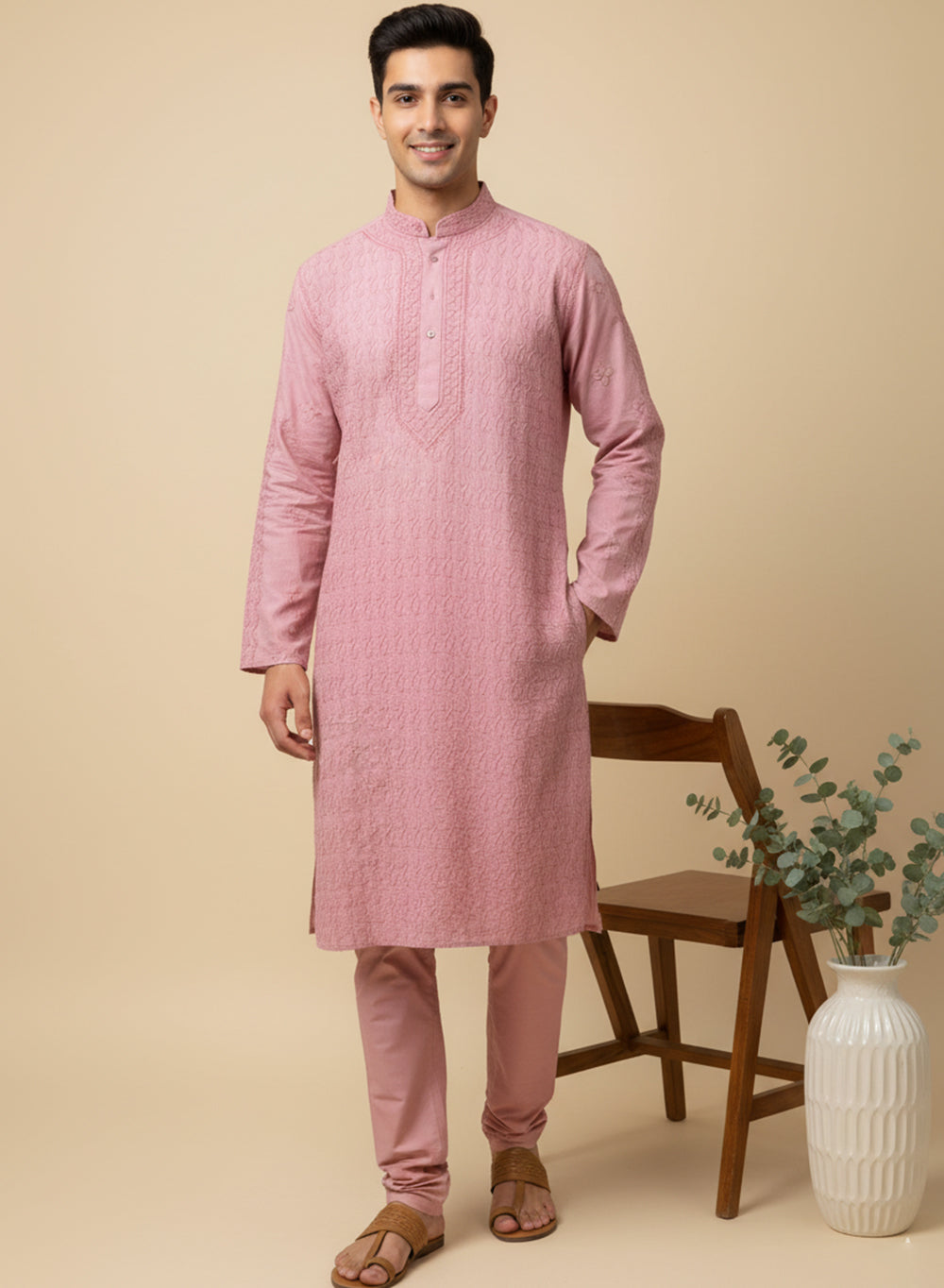 Dusky Pink - Nawab Cotton Chikankari Men Long Kurta