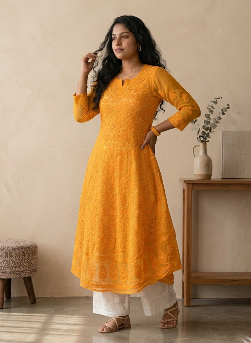 Esha Mango - Bahaar Georgette Chikankari Frock Style Kurta