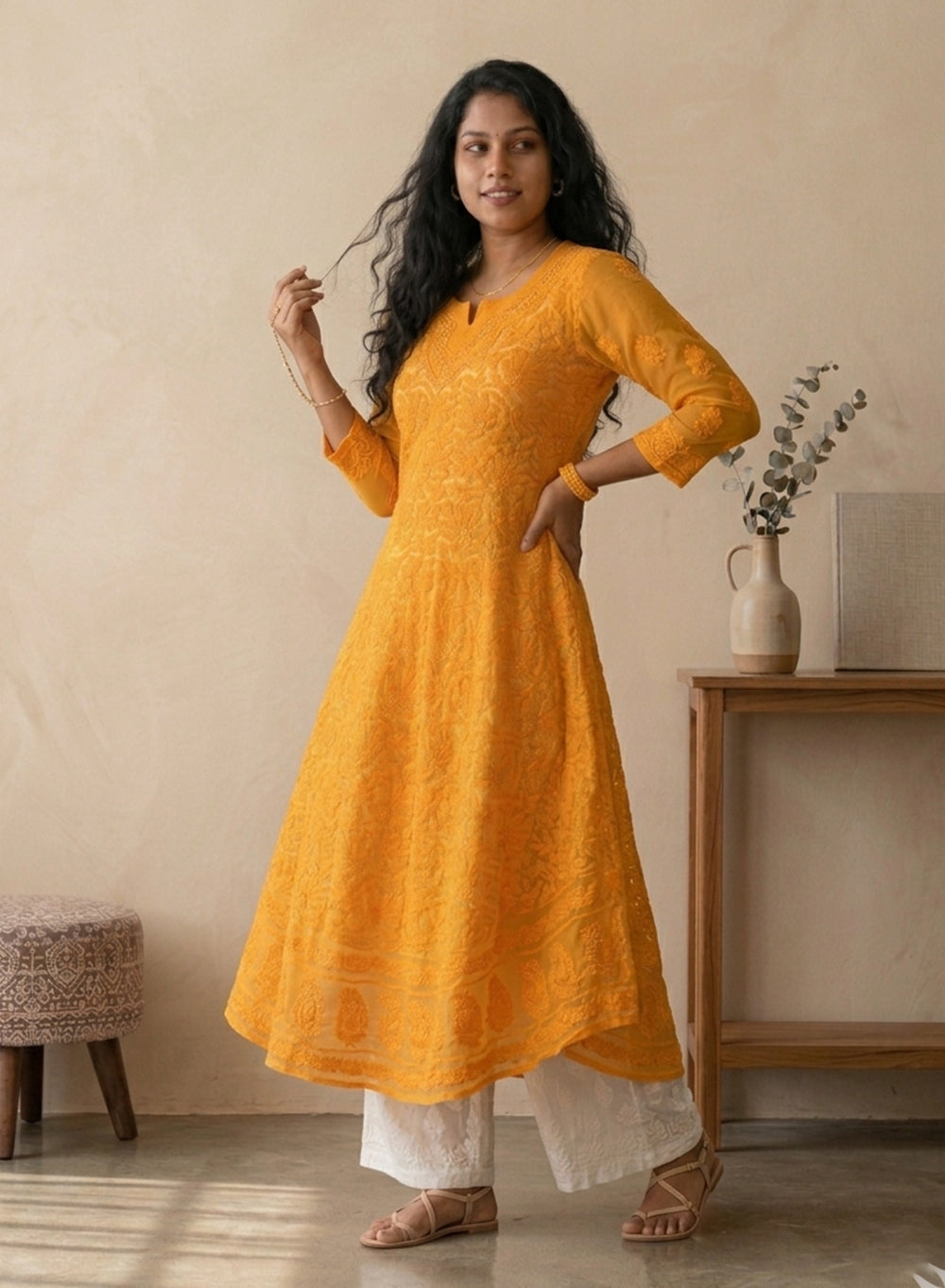 Esha Mango - Bahaar Georgette Chikankari Frock Style Kurta