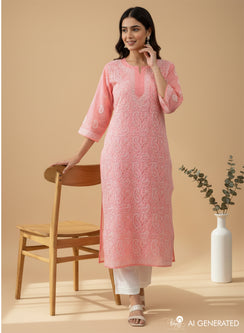 Flamingo Pink - Bahaar Cotton Terry Voile Chikankari Kurta With Mukaish Work