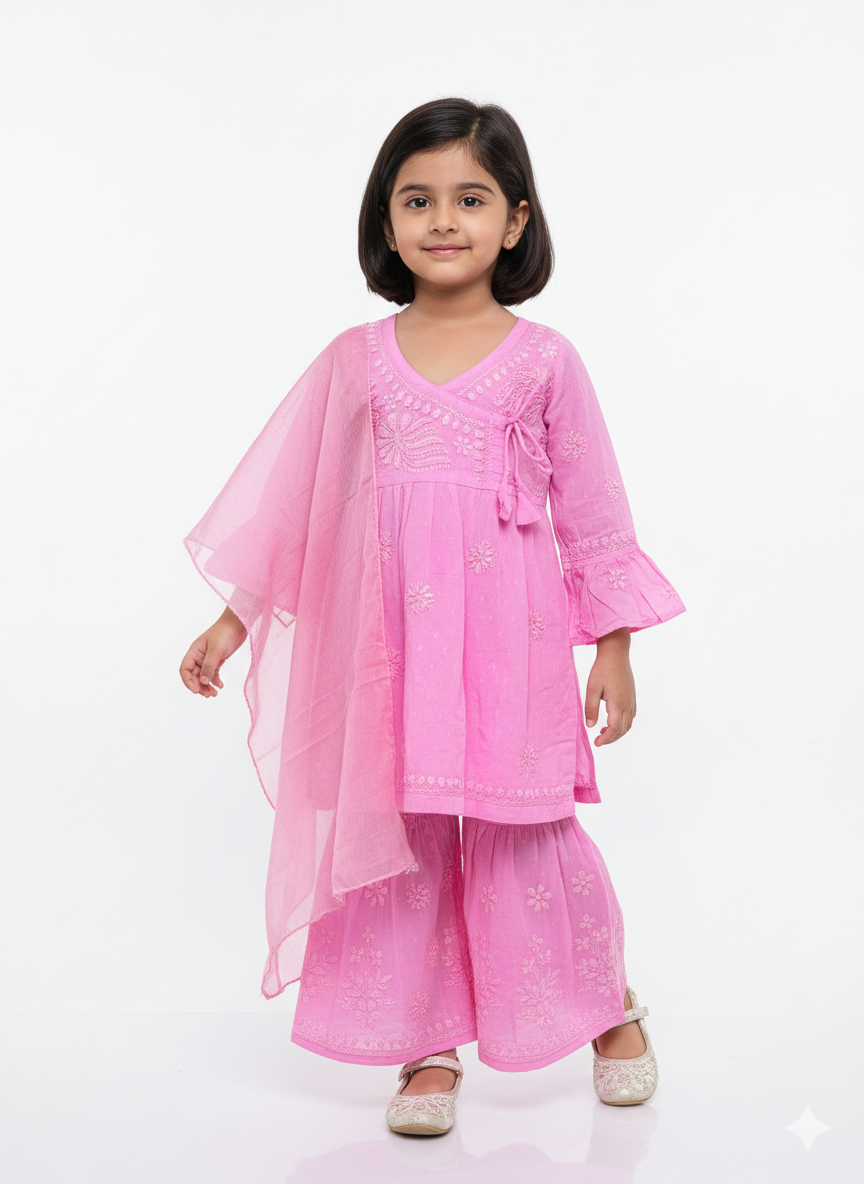 Kuhu Baby Pink - Dobby Cotton Angarakha Style Chikankari Kidswear Set