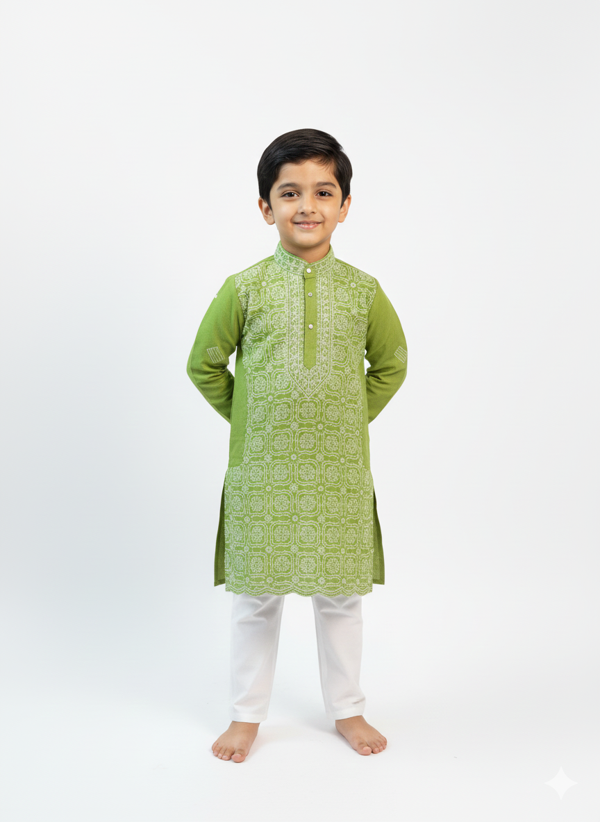 Green Front Jaal - Cotton Chikankari Kurta