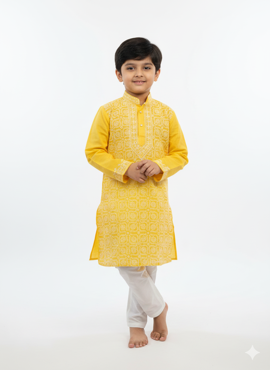 Mango Front Jaal - Cotton Chikankari Kurta