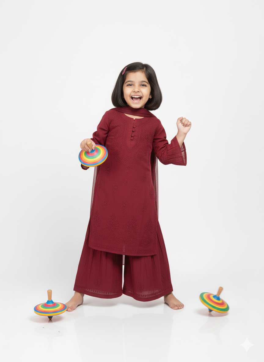 Pihu Maroon - Dobby Cotton Chikankari Kidswear Set