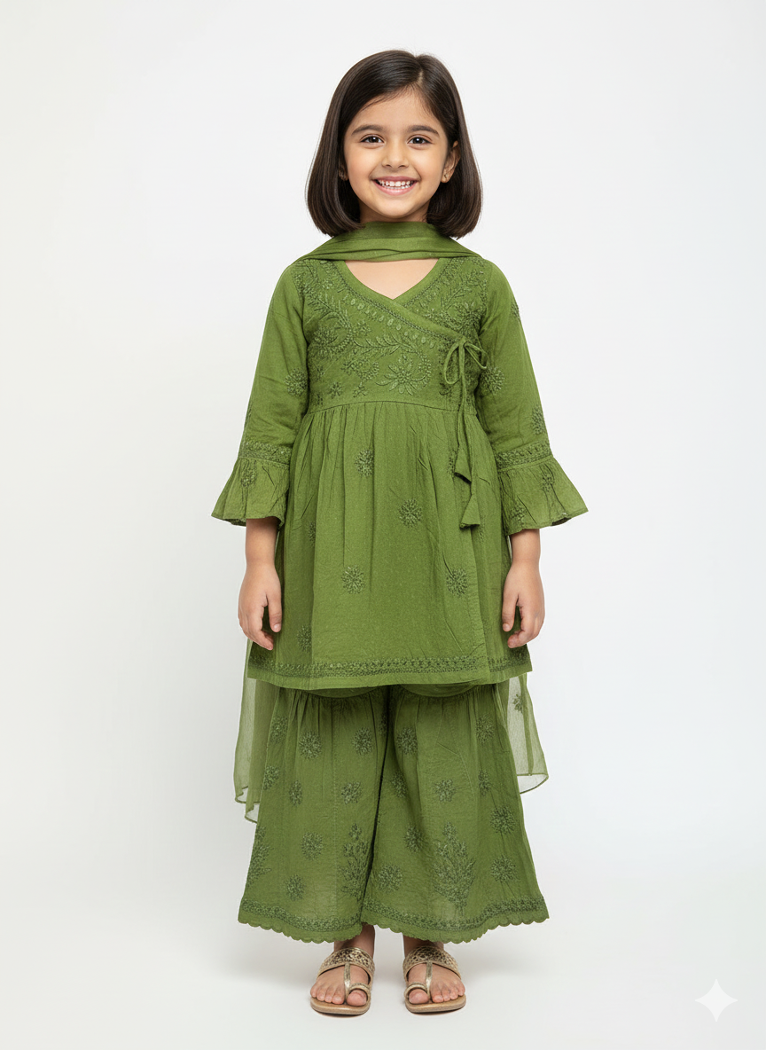 Kuhu Olive Green - Dobby Cotton Angarakha Style Chikankari Kidswear Set