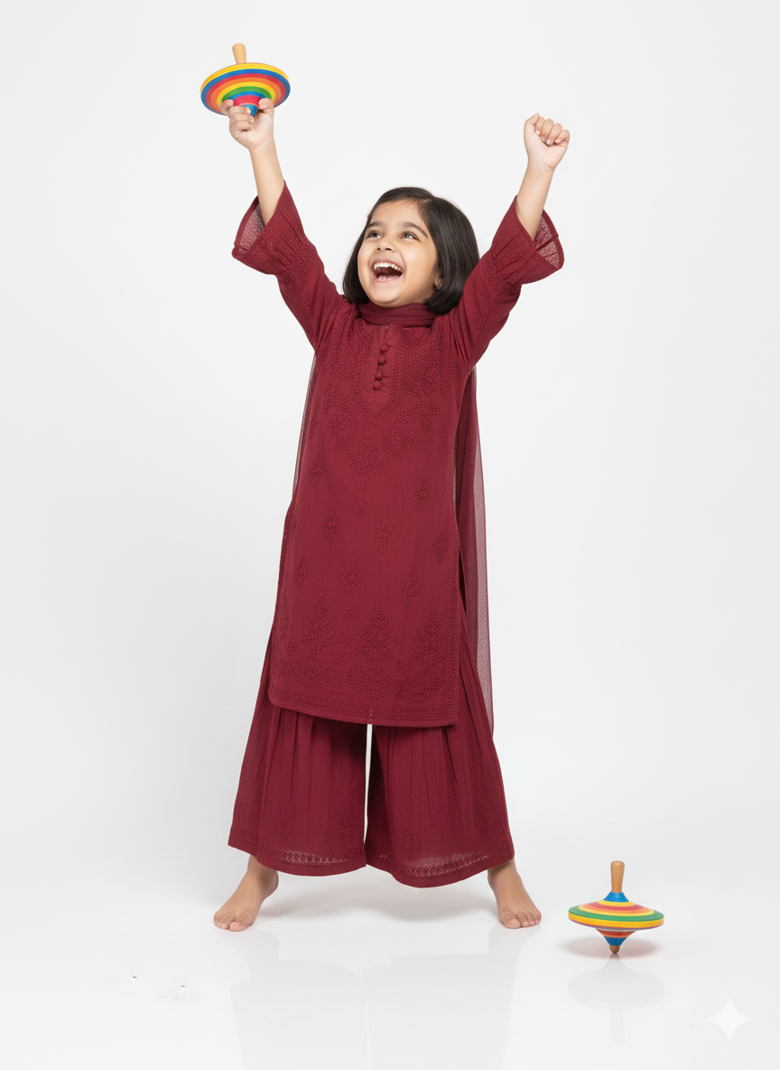 Pihu Maroon - Dobby Cotton Chikankari Kidswear Set