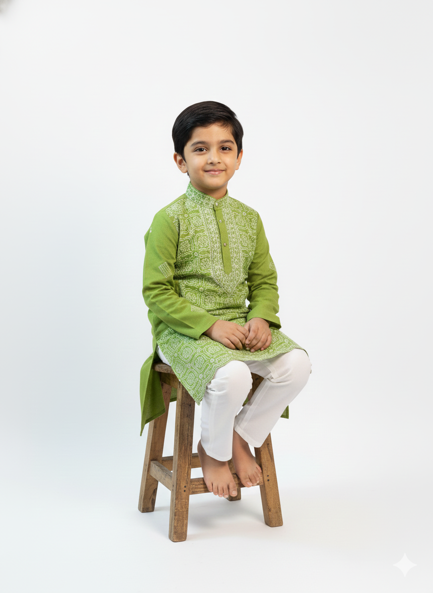 Green Front Jaal - Cotton Chikankari Kurta