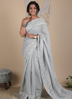 Aparajita Grey - Aks Kota Cotton Chikankari Saree