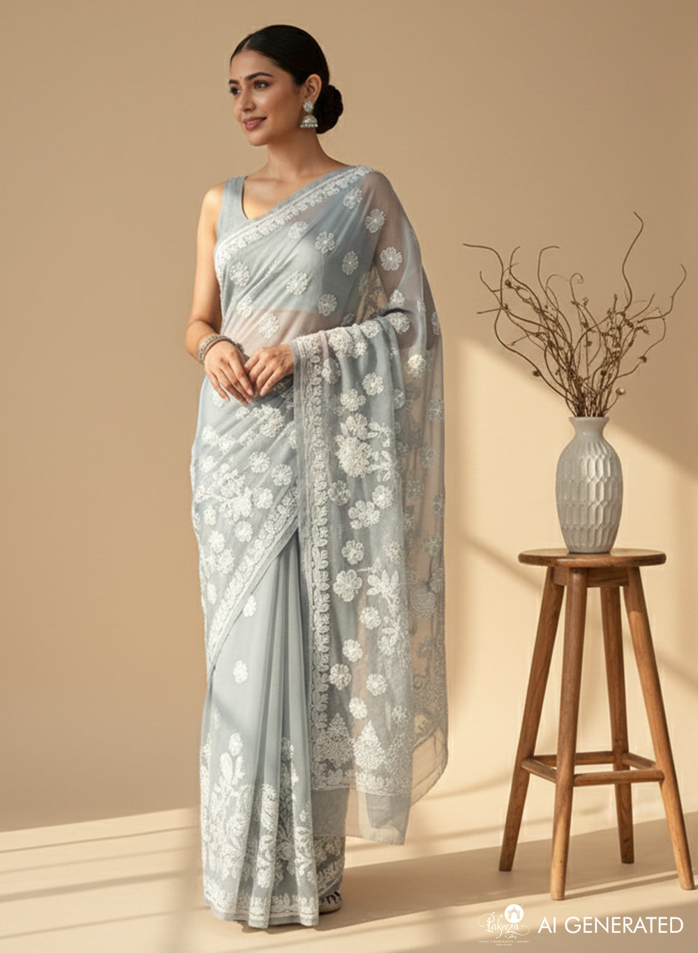 Gray - Aks Georgette Chikankari Saree