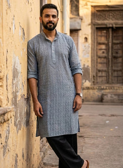 Gray - Nawab Cotton Vertical Design Front Jaal Chikankari Long Kurta