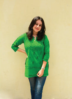 Green - Gulshan Cotton Chikankari Short Top