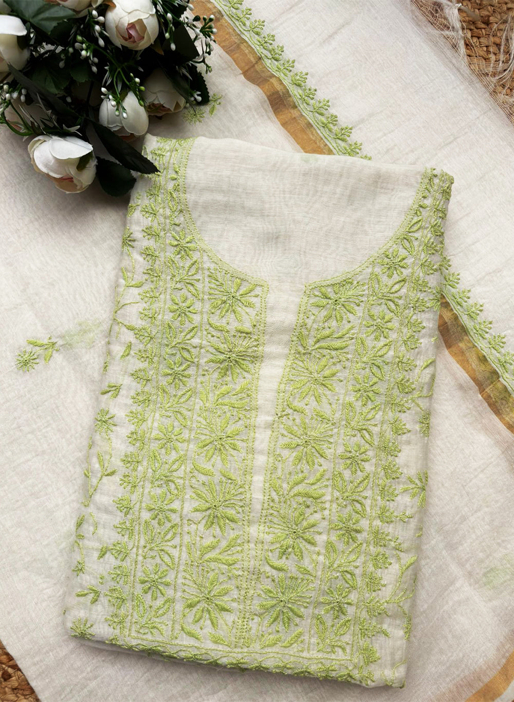 White & Green - Nayaab Mul Chanderi Chikankari Kurta Fabric