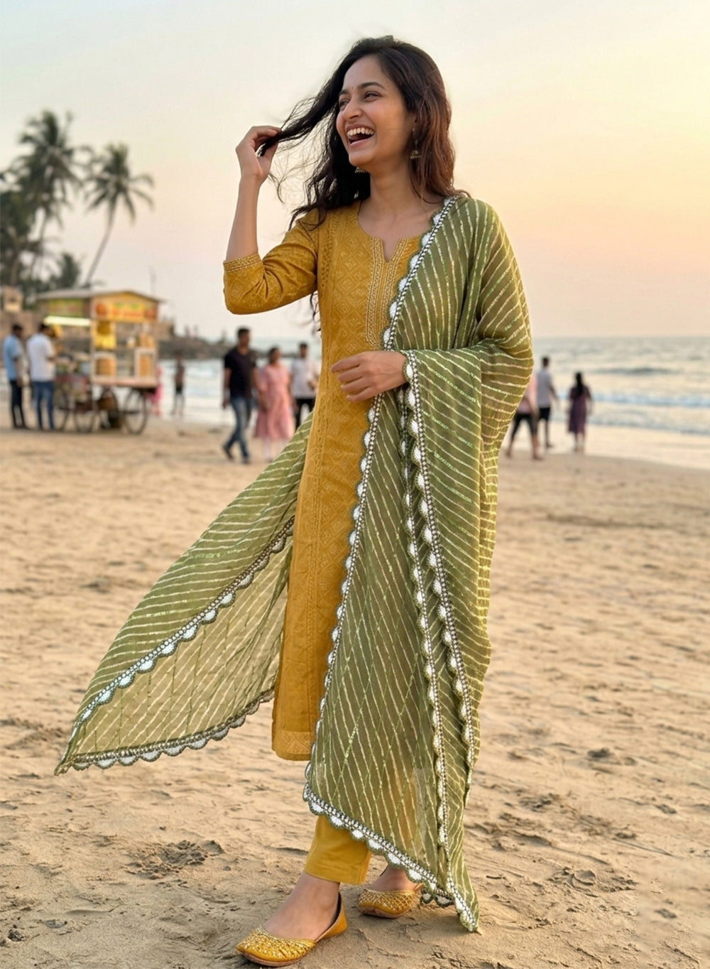 Green Lehariya - Nazm Kota Cotton Chikankari Dupatta with Sequins