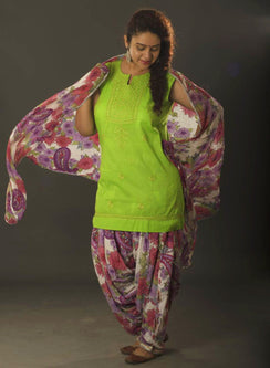 Parrot Green Sleevless - Gulshan Cotton Chikankari Short Top