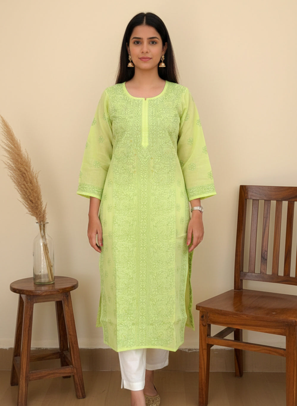 Green - Cotton Terry Voile Bahaar Chikankari Kurta