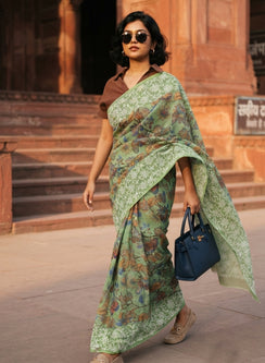 Aparajita Green - Aks Printed Kota Cotton Chikankari Saree