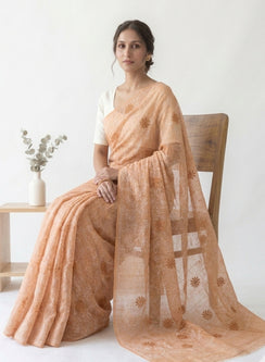 Guncha Muskmelon - Dual Thread Aks Cotton Tepchi Chikankari Saree