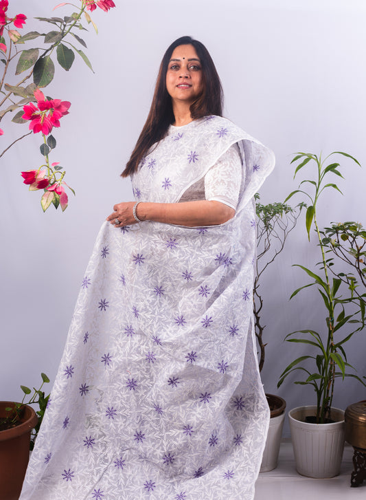 Guncha White & Lavender - Dual Thread Aks Cotton Tepchi Saree