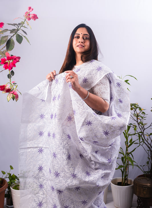 Guncha White & Lavender - Dual Thread Aks Cotton Tepchi Saree