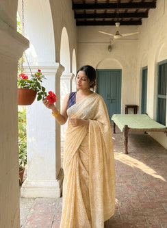 Guncha Beige - Dual Thread Aks Cotton Tepchi Chikankari Saree
