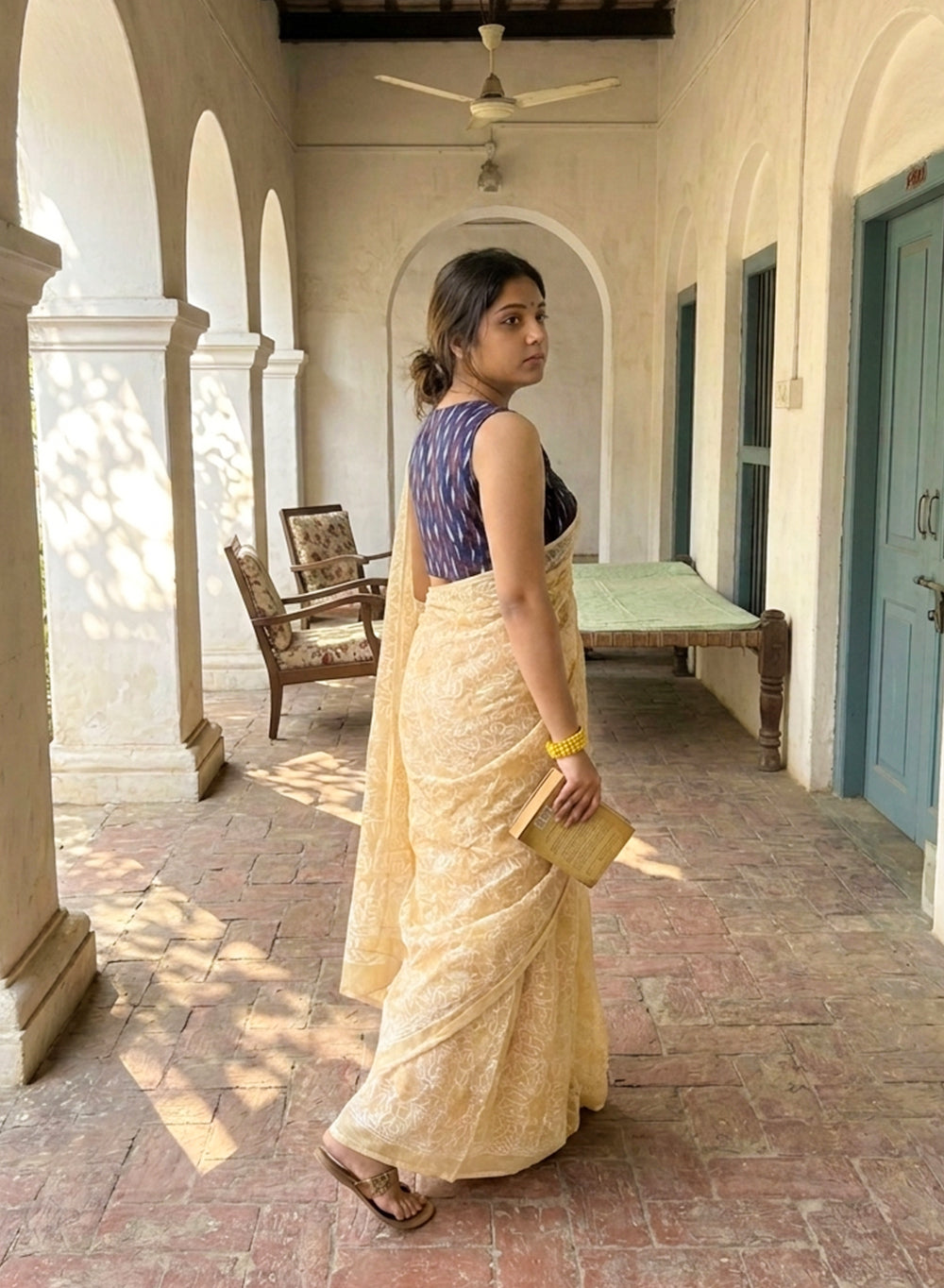 Guncha Beige - Dual Thread Aks Cotton Tepchi Chikankari Saree