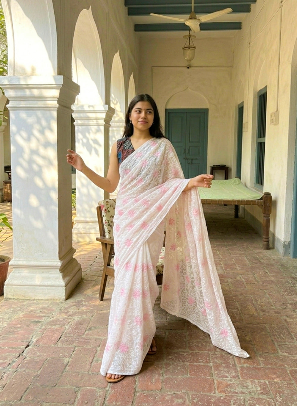 Guncha Pink - Dual Thread Aks Cotton Tepchi Chikankari Saree