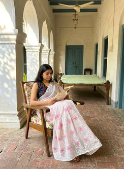 Guncha Pink - Dual Thread Aks Cotton Tepchi Chikankari Saree