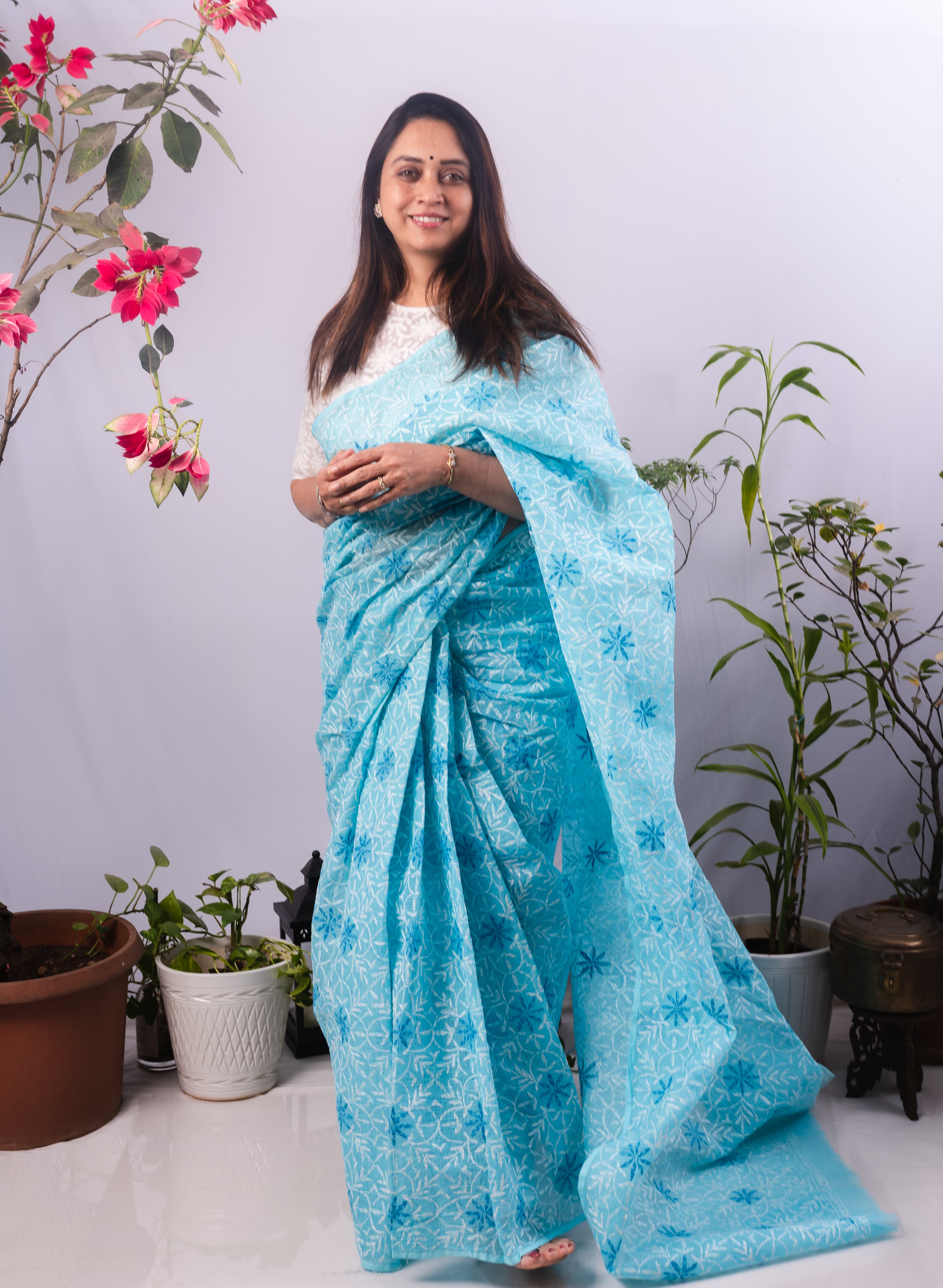 Guncha Sky Blue - Dual Thread Aks Cotton Tepchi Chikankari Saree