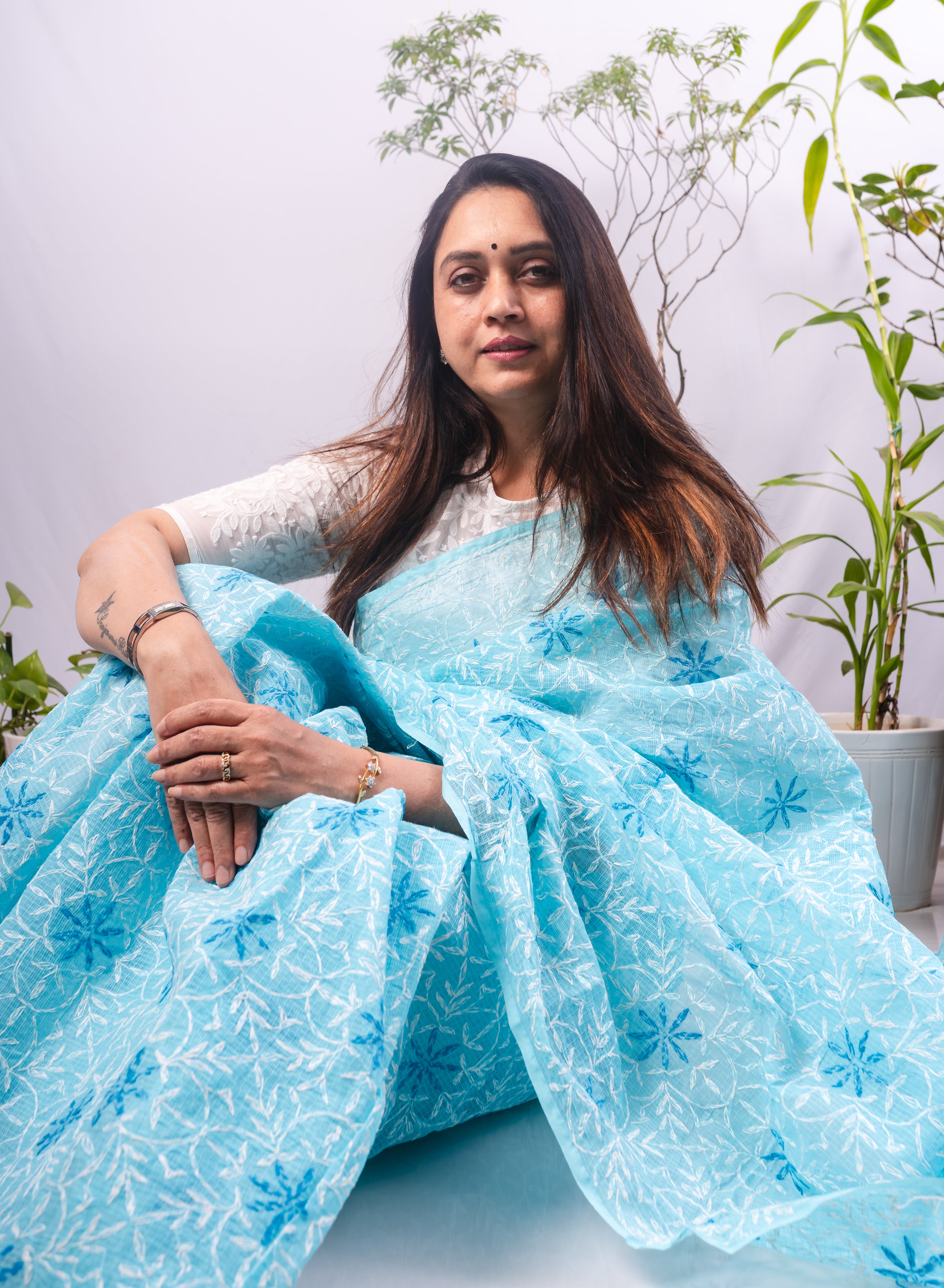 Guncha Sky Blue - Dual Thread Aks Cotton Tepchi Chikankari Saree