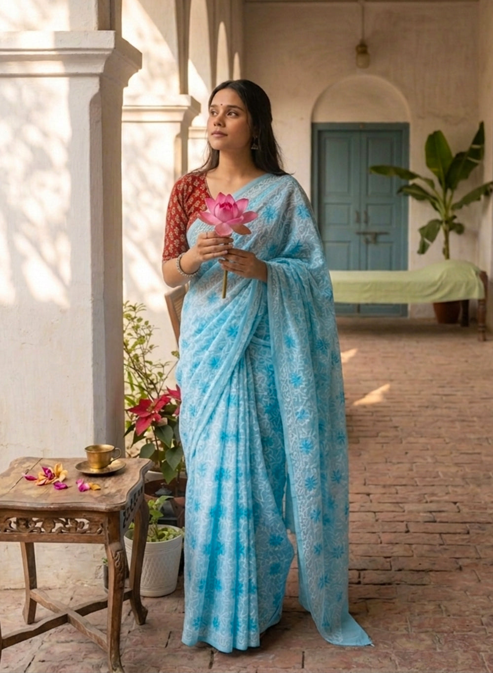 Guncha Sky Blue - Dual Thread Aks Cotton Tepchi Chikankari Saree