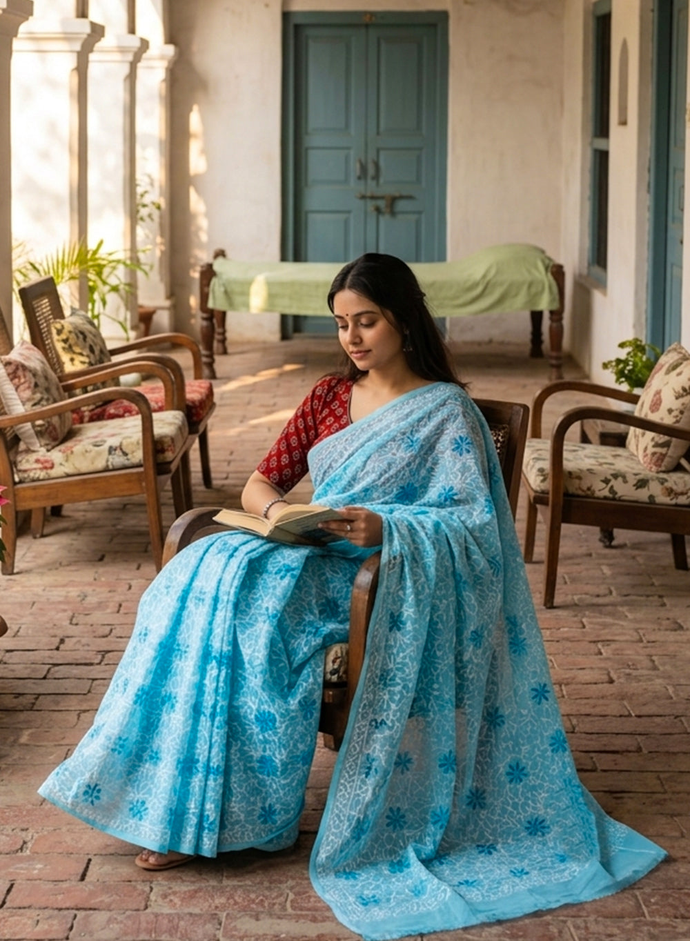 Guncha Sky Blue - Dual Thread Aks Cotton Tepchi Chikankari Saree