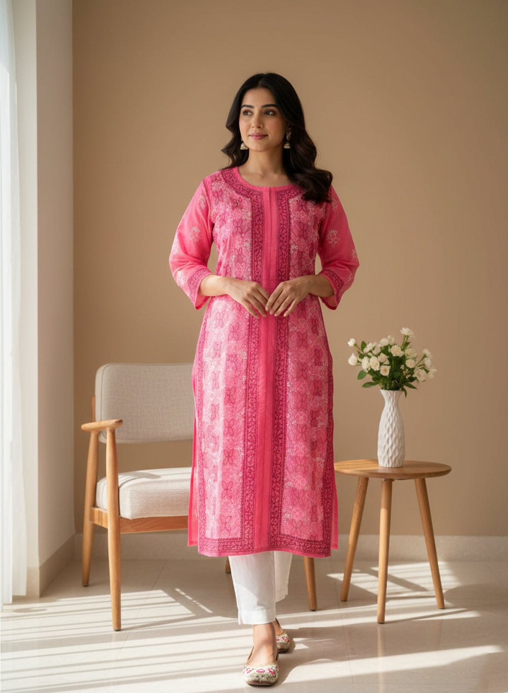 Hot Pink - Bahaar Front Slit Cotton Terry Voile Chikankari Kurta