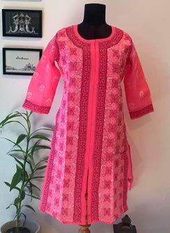 Hot Pink - Bahaar Front Slit Cotton Terry Voile Chikankari Kurta