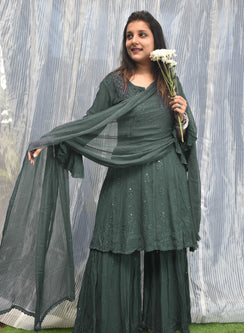 Inara Bottle Green - Nargis Viscose Short Anarkali Chikankari Gharara Set