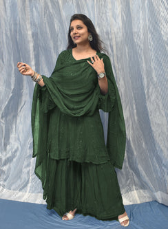 Inara Dark Green - Nargis Viscose Short Anarkali Chikankari Gharara Set
