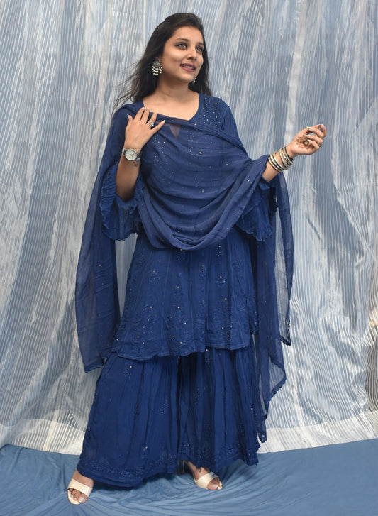 Inara Royal Blue - Nargis Viscose Short Anarkali Gharara Set